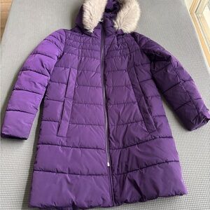 DKNY Women's Purple Puffer Coat with Faux Fur Hood